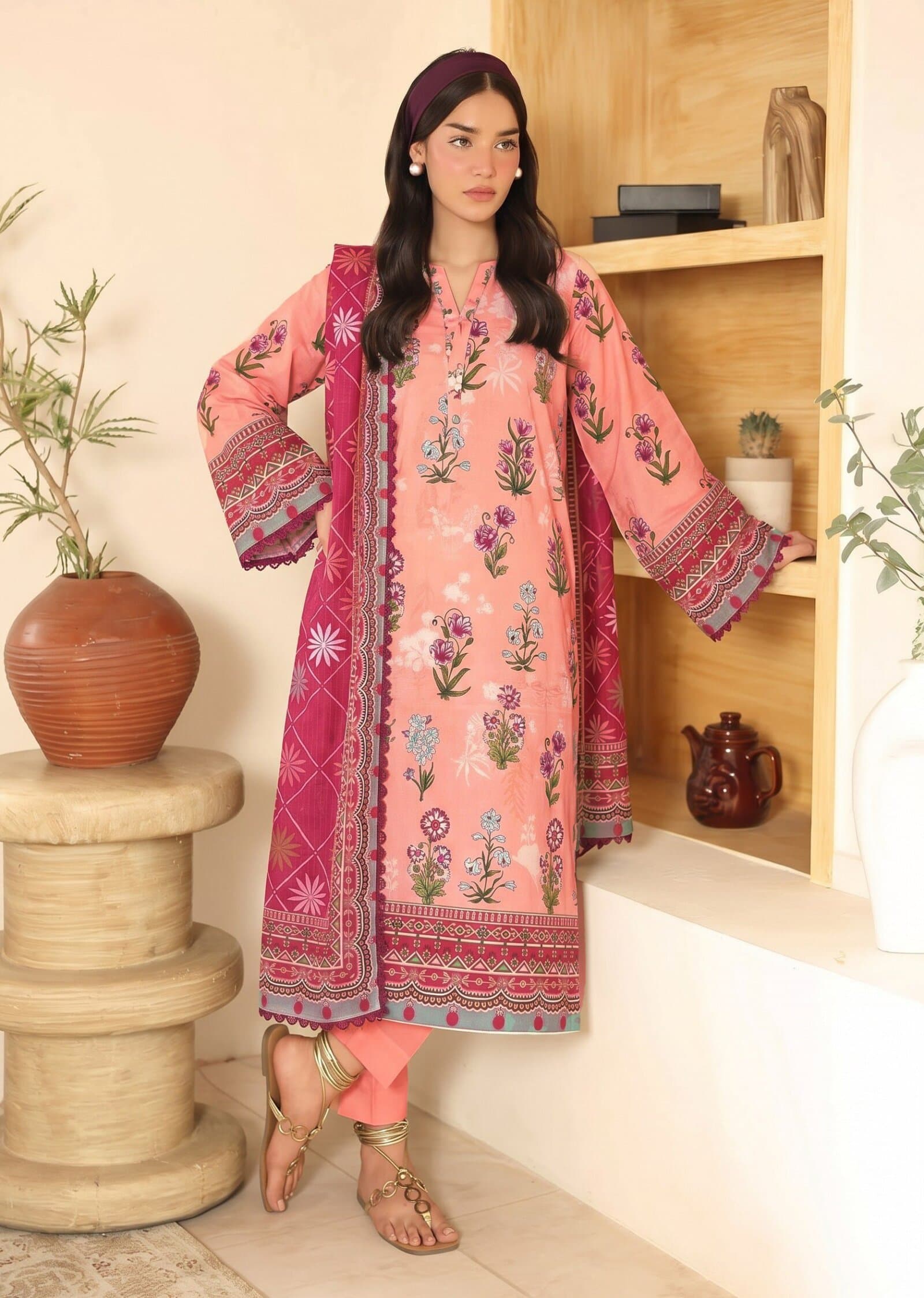 Peach Coral unstitched 3-piece lawn suit — Zaha — Peach Coral
